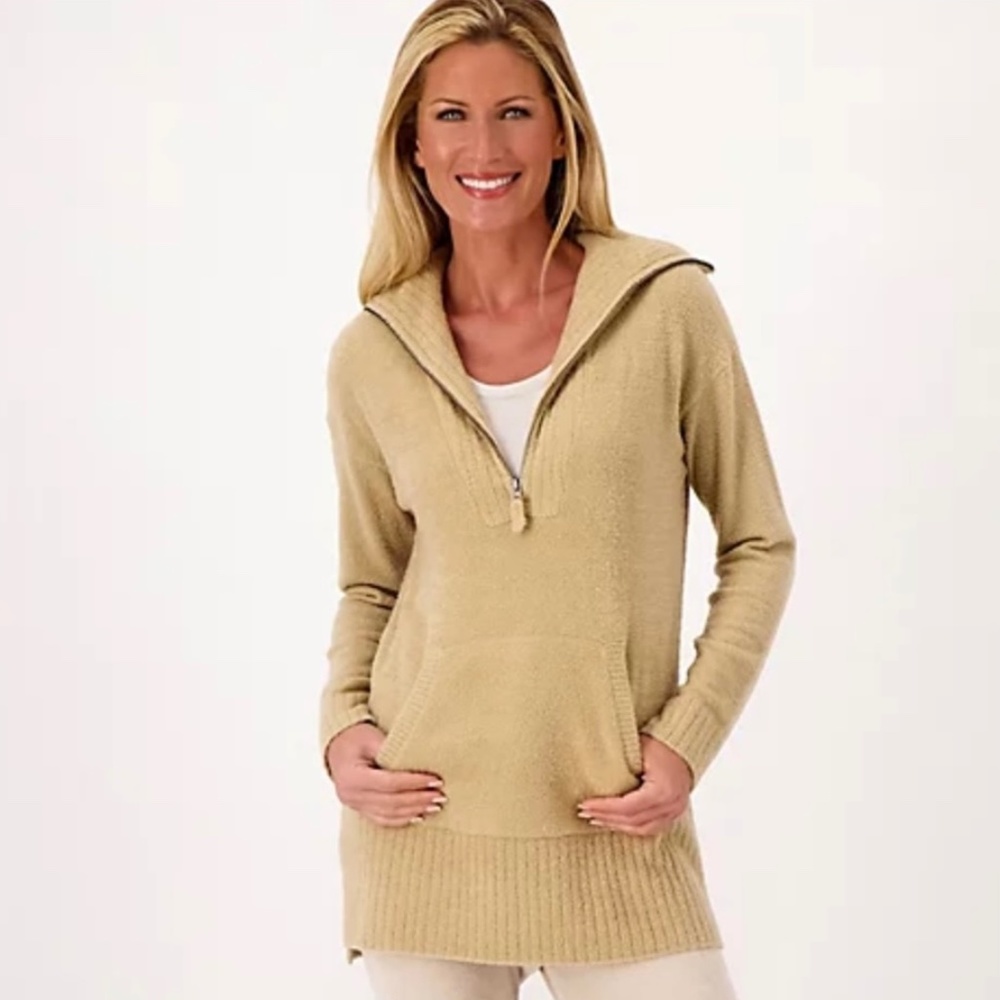 New Barefoot Dreams Women’s Luxe CozyChic Lite Half ZipTunic Comfy Biscotti XS